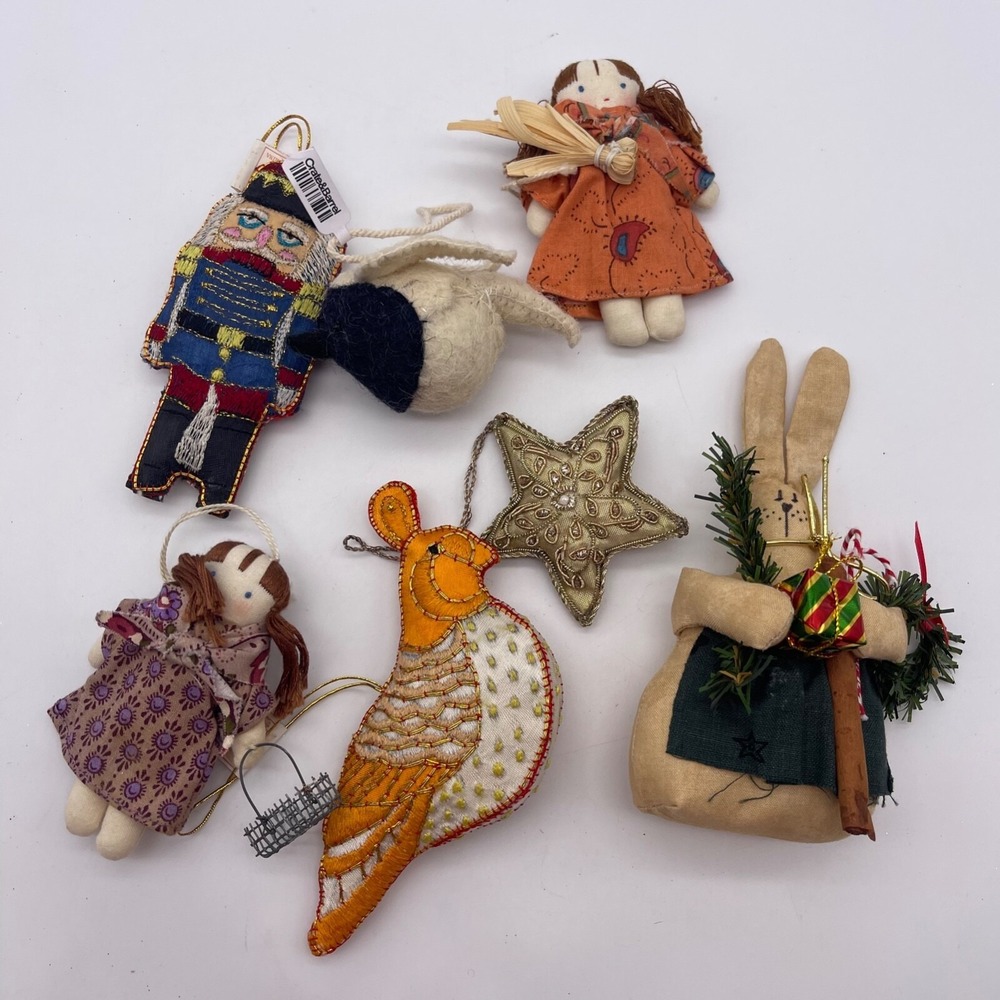 Vintage Cloth and Embroidered Christmas Ornaments Birds Dolls